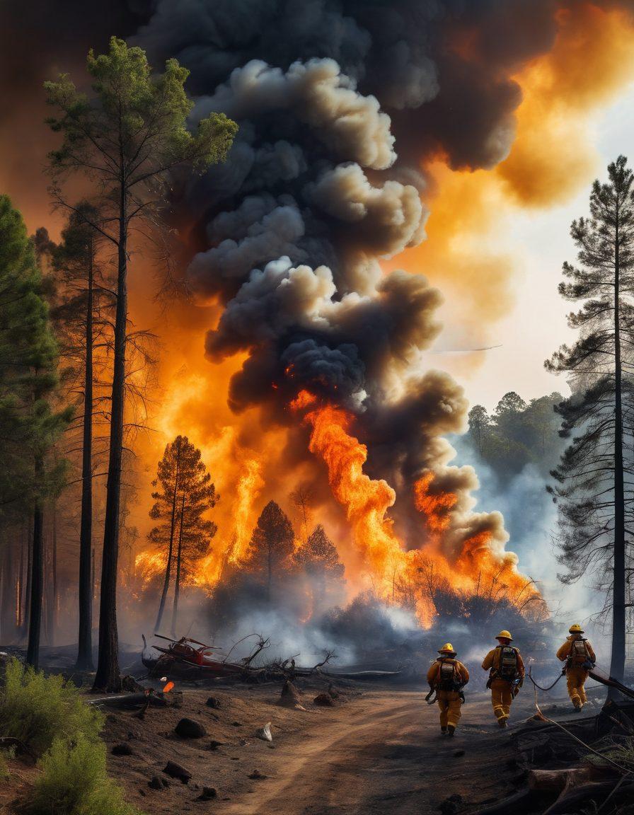 A dramatic scene of wildfire management in action, showcasing firefighters battling flames with hoses, surrounded by dense smoke and scorched trees. In the foreground, essential tools like a water tanker and safety gear are visible, while an aerial view from a helicopter highlights strategic fire breaks. The background features a serene landscape showing the contrast between the raging fire and untouched forests. super-realistic. vibrant colors. dynamic composition.