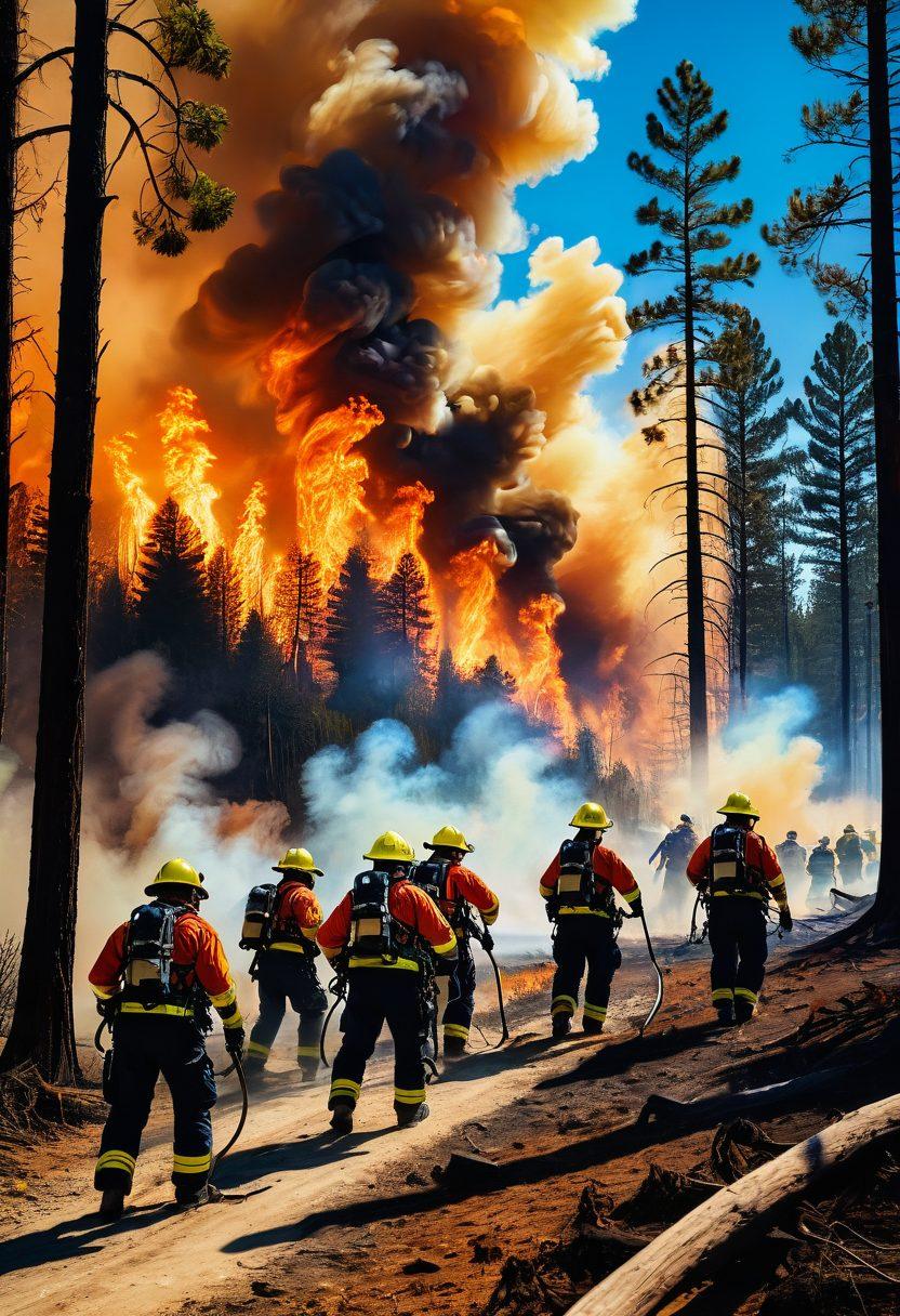 A dynamic scene depicting a diverse group of firefighters and community volunteers working together to combat a wildfire, showcasing effective teamwork and communication. In the background, vivid flames rise from a forest while a clear blue sky contrasts dramatically. Include elements of training, like safety gear and rescue tools, along with an atmosphere of urgency and cooperation. The image should capture both action and collaboration in a realistic style. super-realistic. vibrant colors.